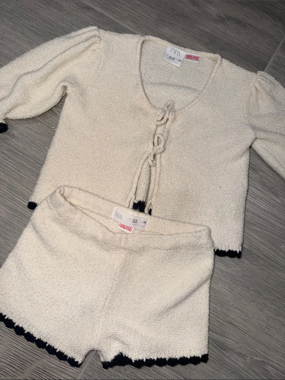 Zara Cream Knit Kids Pajama Set with Black Trim
